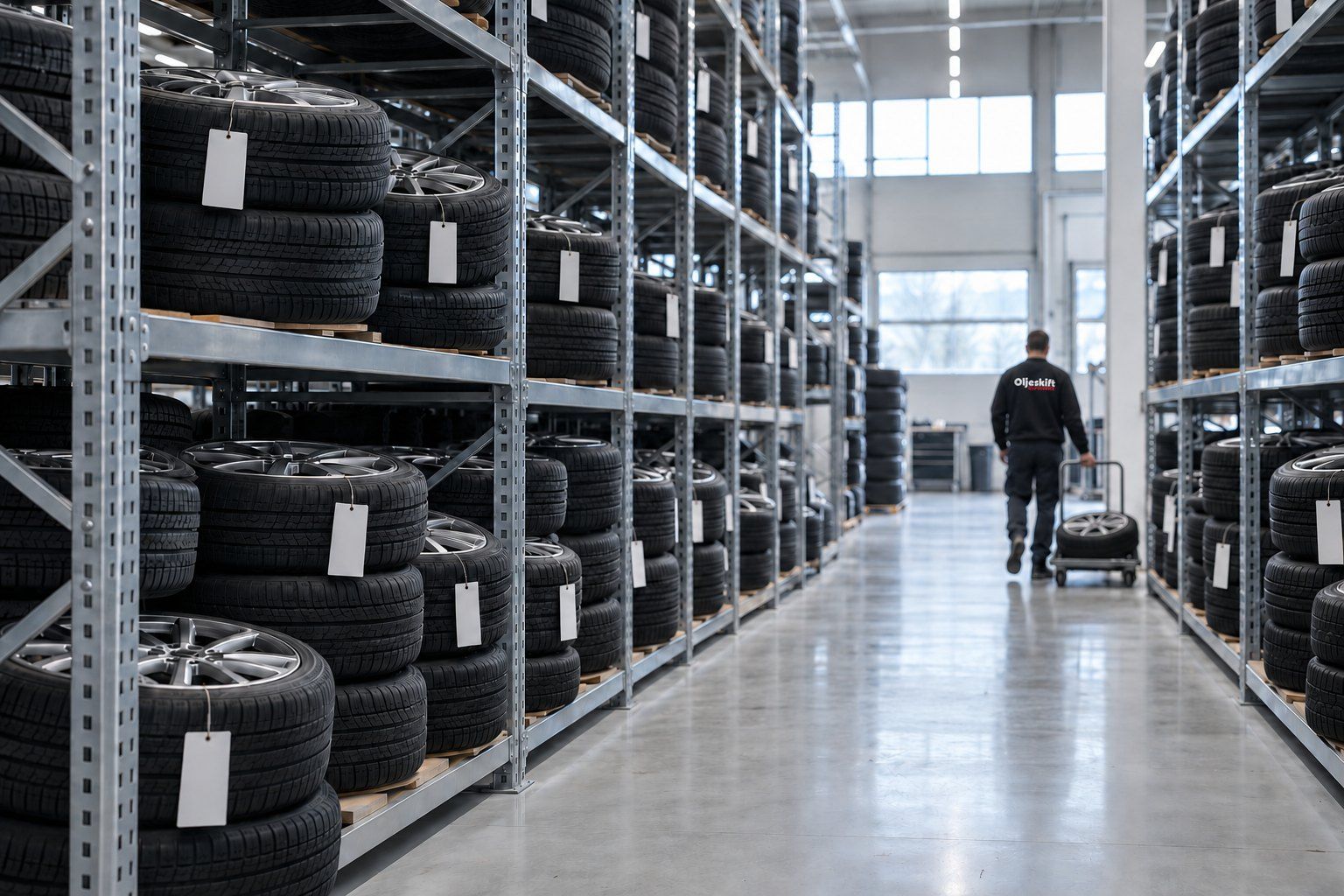 Technician wheeling a tyre through the tyre hotel, racks of labelled wheel sets on both sides